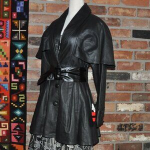 New Vintage 90s ADA Tailored Black Leather Jacket  Inverness Cape Dress Coat 7 M